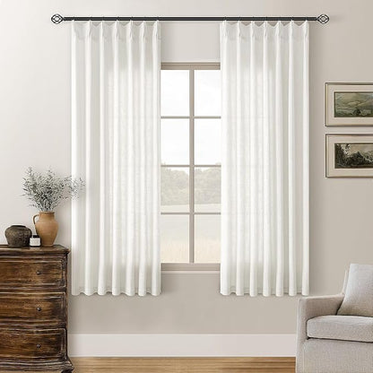 Beige White Pinch Pleated Linen Curtains 63 Inch Length 2 Panels | by Twodrapes