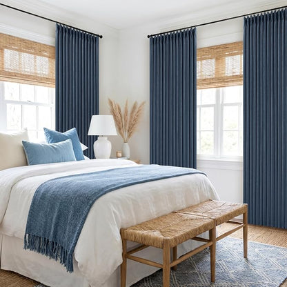 Navy Blue Linen Blackout Pinch Pleated Double Layer Curtains 90 Inches Long | - Image 7