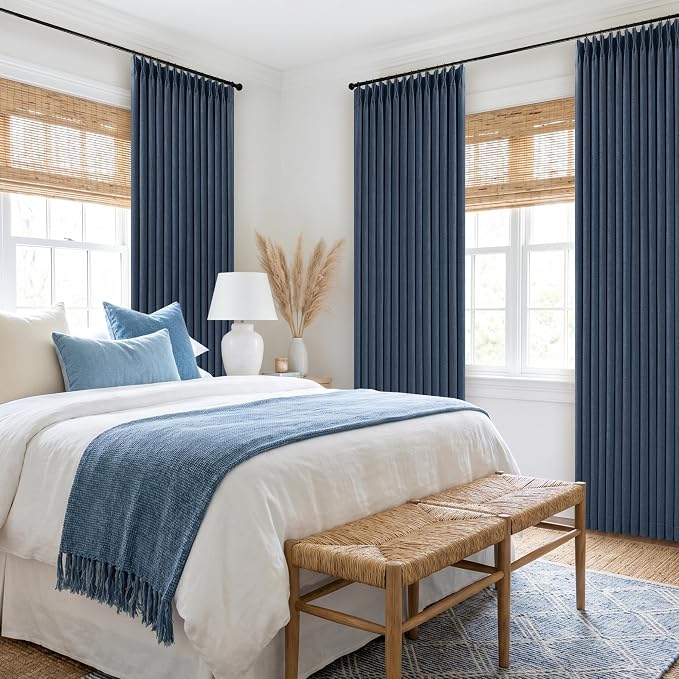 Navy Blue 84 Inch Pinch Pleated Blackout Textured Linen Curtains 2 Panels | - Image 9