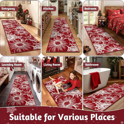 Findosom Christmas Runner Rug 2x8, Non Slip High-Low Textured Floral Washable - Image 9