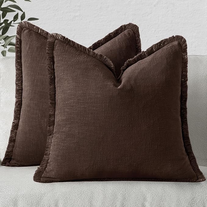 MIULEE Linen Fringe Decorative Fall Throw Pillow Covers Dark Brown 20x20 | Set by MIULEE