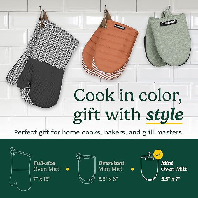 Cuisinart Mini Oven Mitts – 5.5” x 7” Heat-Resistant Kitchen Mitts for Oven with Non-Slip Neoprene Palm, Cotton Filling, and Fabric Loop – Durable Oven Mitt Set for Cooking & Baking (Charcoal)