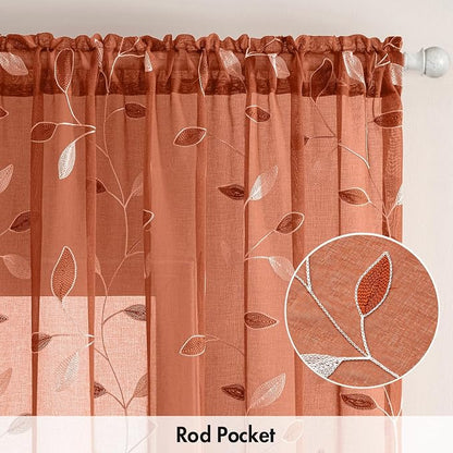 MIULEE Burnt Orange Sheer Fall Curtains 2 Panels Leaf Patterned, W52 x L63 | - Image 6