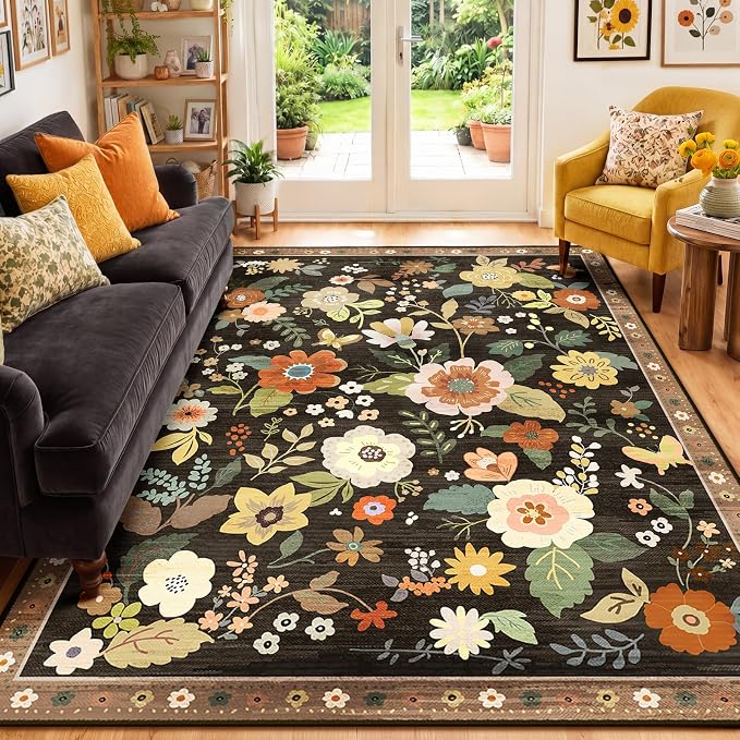 RELEANY Floral Washable 6x9 Area Rugs Black/Yellow | Flower Carpet Print Boho - Image 9