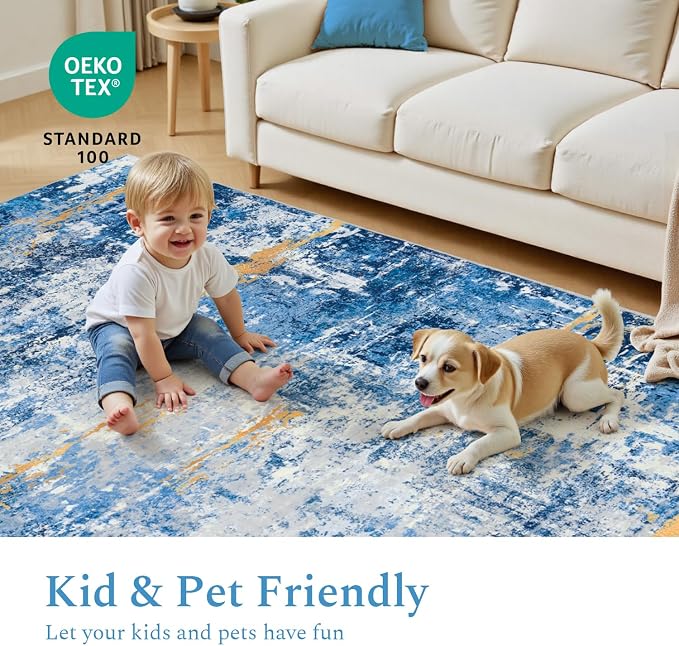 Rugflix 8x10 Area Rugs for Living Room, Washable Sky Blue Gold Large Rug | - Image 6