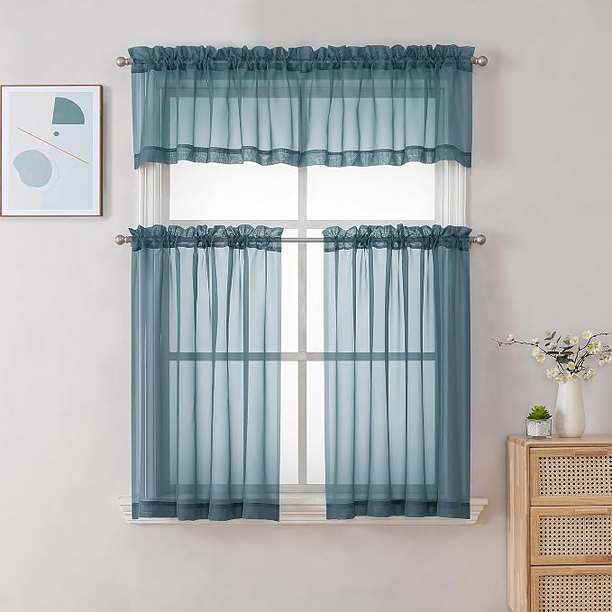 Chyhomenyc Dusty Blue Sheer Curtains 36 inch Length 2 Panels, Light Filtering - Image 2