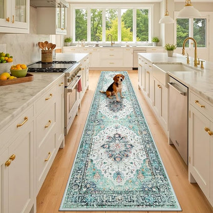 RELEANY Washable Area Rug, Runner 2'x10', Teal Green/White/Navy | Non-Slip by RELEANY
