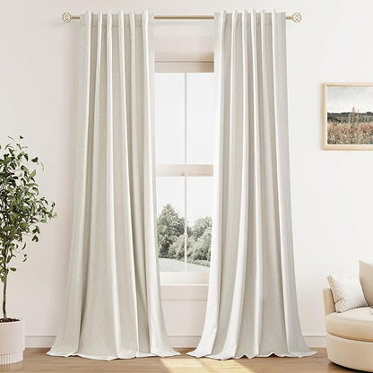 100% Blackout Linen Curtains for Bedroom 96 Inches Long 8 FT Natural Cream by Guken