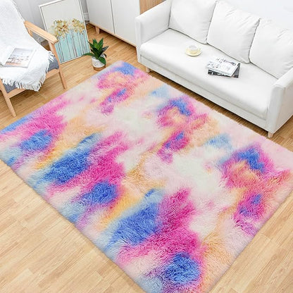 Fluffy Colorful Rug for Bedroom Girls 4x6 Kawaii Rainbow Tie Dye Area Rug Fuzzy - Image 5