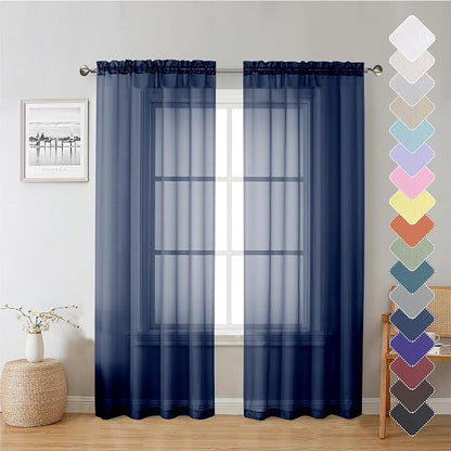 Navy Blue Sheer Curtains 72 Inches Long 2 Panels, Light Filtering Window by Lecloud