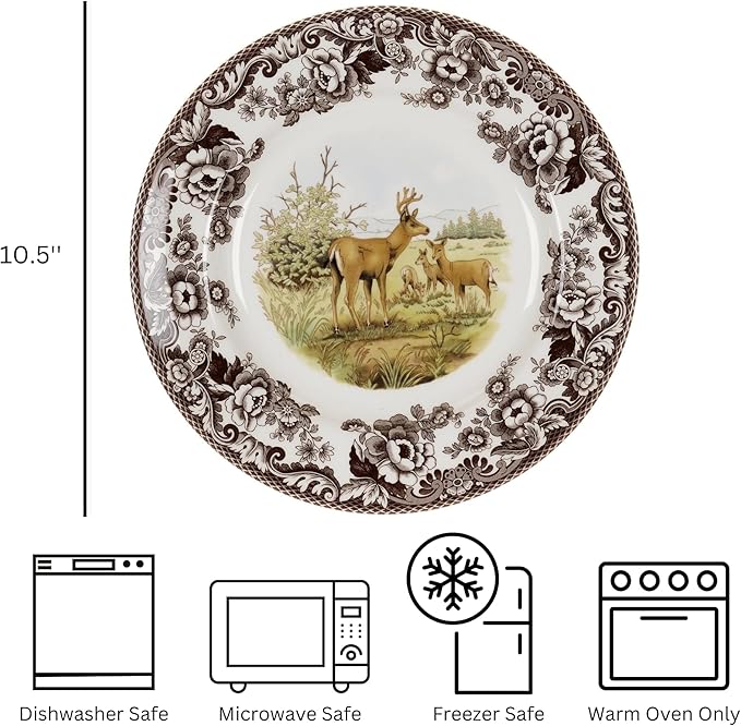 Spode Woodland American Wildlife Mule Deer Dinner Plate - Rustic Earthenware Tableware, 10.5" Collectible Plate for Holiday Dining, Dishwasher, Microwave, Oven Safe - Made in England