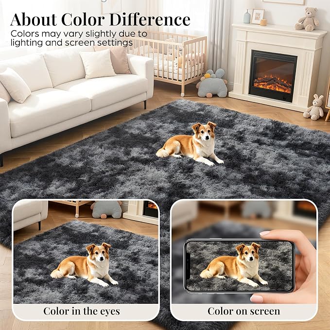 PLHXFR 6x9 Area Rugs Living Room: Fluffy Bedroom Soft Shag Rug Black Grey | - Image 7