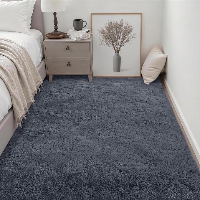 Area Rug Living Room Bedroom: 4x6 Fluffy Plush Shag Carpet Grey | - Image 3
