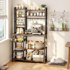Baker Rack with Power Outlet - Microwave Stand with Storage, Large Coffee Bar Station with 14 Hooks, Metal Kitchen Shelf Rack for Spices, Pots (Rustic Brown)