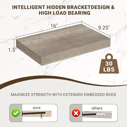 Acovy 16 Inch Floating Shelves, 3D Textured Wood Grain, Wooden Shelves - Image 3