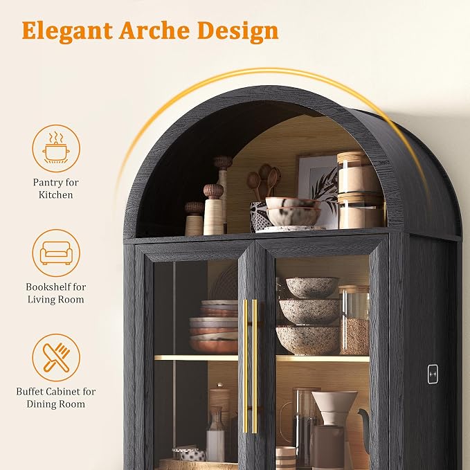 HWB Display Curio Cabinet with Glass Doors, Arched Bookcase 5-Tier Tall Storage - Image 4