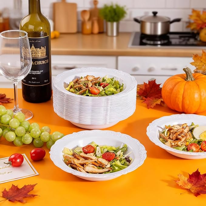 DaYammi 100 Pack Plastic Bowls, 12oz Disposable Soup Bowls, Heavy Duty Dinner Bowls for Weddings, Parties, Dinners, Catering and Everyday Use