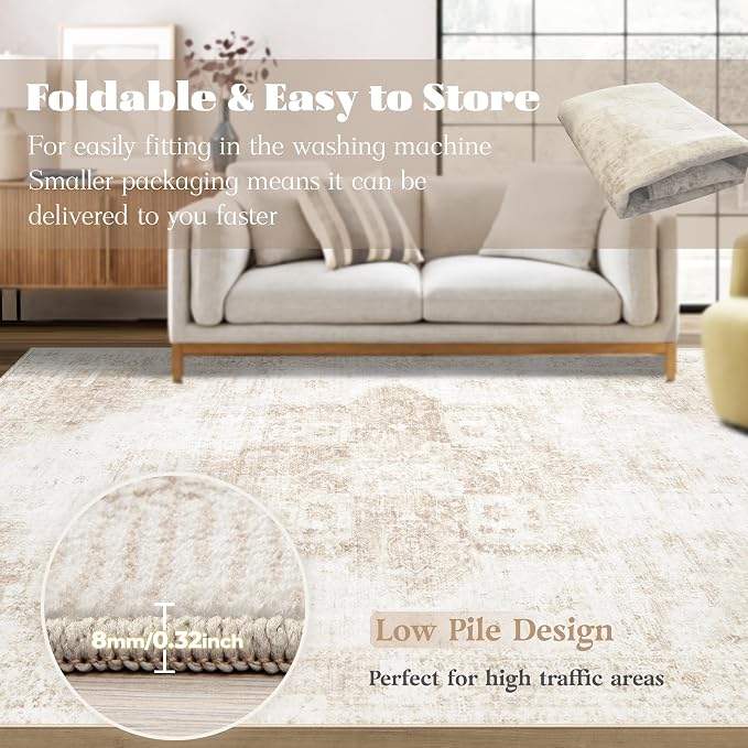 Area Rug 10x14 Washable Rug, Vintage Boho Medallion Rugs Non-Slip Soft Low Pile - Image 7