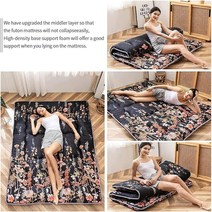 MAXYOYO Black Floral Japanese Futon Floor Mattress, Mattress Topper Portable - Image 2