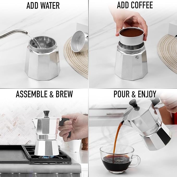 Zulay Moka Pot Espresso Stovetop Coffee Maker - Leak-Proof, Stainless Steel, Easy to Clean, Heat Resistant Handle & Knob - Makes 3 Espresso Cups - Silver