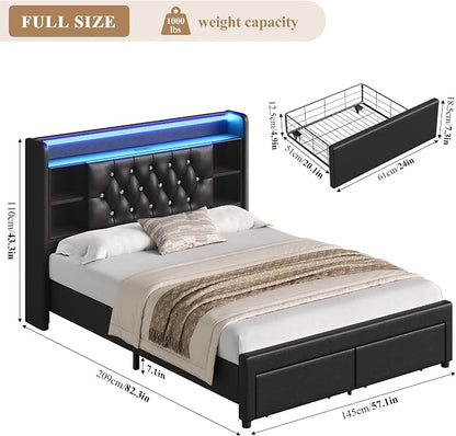 Full Bed Frame with Drawers, Hidden-Cubby & Shelves Storage Headboard with - Image 2
