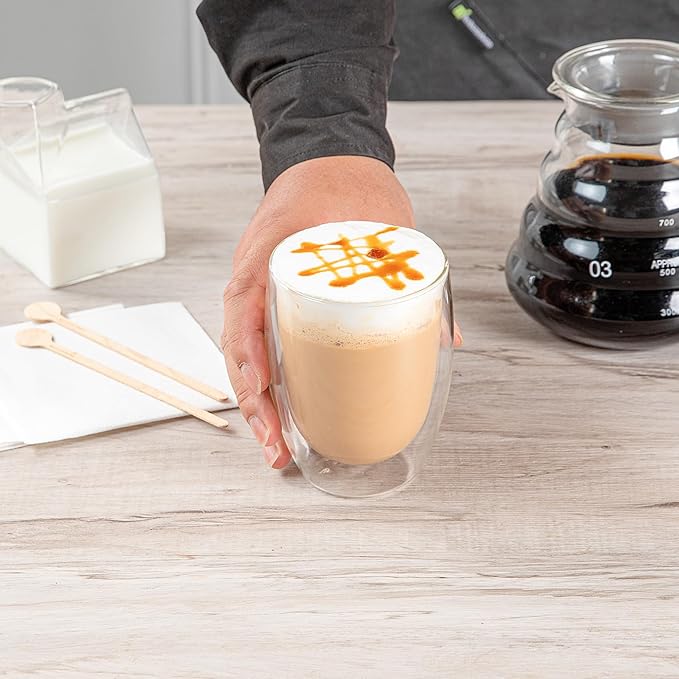 Restaurantware-Forma Professional 11.8 Ounce Double Wall Coffee Cups, 12 Insulated Latte Glasses - Dishwashable, Reusable, Clear Glass Beverage Cups, Freezable, For Hot Or Cold Beverages