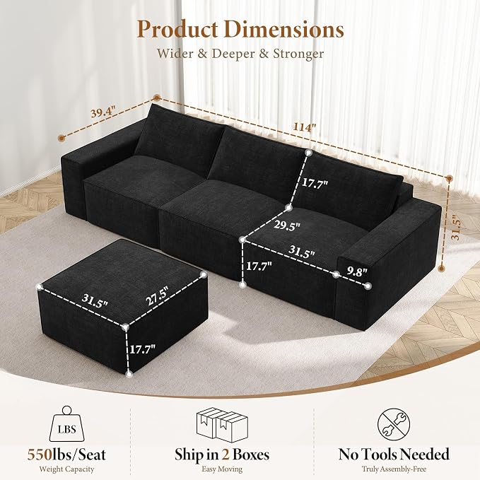 Vesgantti 114" Modular Boneless Couch, Modern 4 Sester Sectional Sofa - Image 2