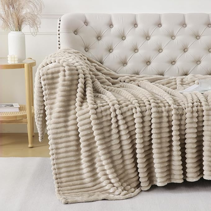Khaki Throw Blanket for Couch Sofa 50x70 inches Striped Design | Fleece - Image 5