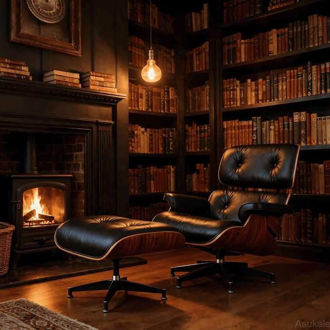 Top Black Grain Leather, Mid Century Chaise Lounge Chair and Ottoman, Accent - Image 6