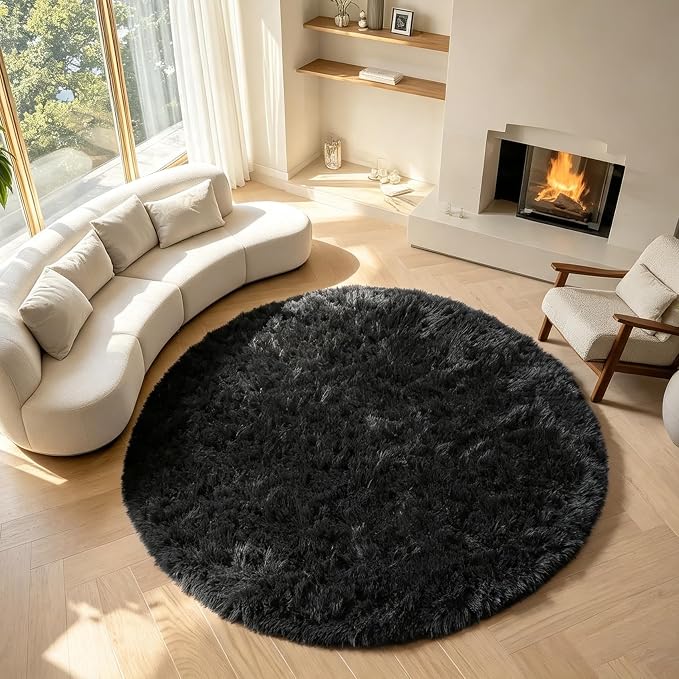 Black Round Rugs 8ft for Living Room, Fluffy Bedroom Circle Area Rug, Soft by ONASAR