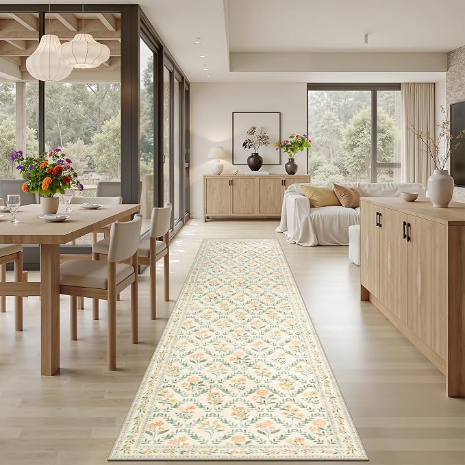 PLHXFR 3x10 Washable Runner Rug：Floral Indoor Kitchen Carpet Beige Multi | - Image 4