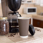 Promora Brown Disposable Coffee Cups With Lids 16 oz, Premium Insulated Paper Ripple Cups for Hot Coffee (80 Pack)