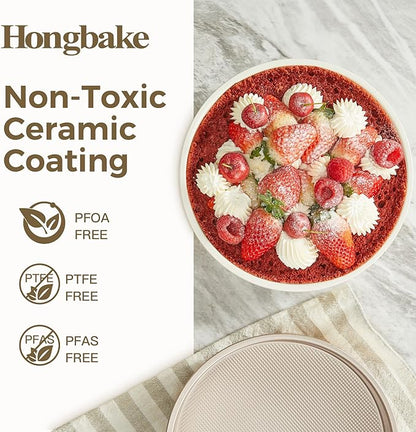 HONGBAKE 9 Inch Round Cake Pan Set of 2, Nonstick Ceramic Coating Cake Molds with Diamond Texture, 0.8 mm Aluminized Steel Cake Pans Sets for Baking & Cheesecake, Heavy Duty & Non-Toxic (Cream, 2PCS)