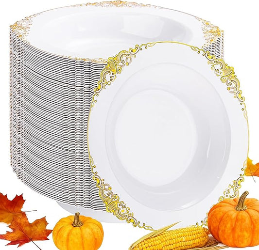100PCS Gold Plastic Bowls - 12 oz White Disposable Salad Bowls - Heavy Duty Soup Serving Bowl - Fancy Plastic Ice Cream Bowl for Christmas,Thanksgiving Parties, Dinners, Catering, Picnics