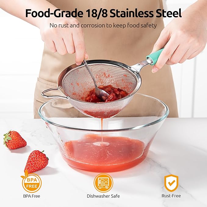 U-Taste Medium Fine Mesh Strainer: 18/8 Stainless Steel 4.73in 30 Mesh Kitchen Food Sieve with Sturdy Riveted Silicone Handle, Heavy Duty Deep Handheld Metal Colander for Rice, Quinoa, Flour(Aqua Sky)