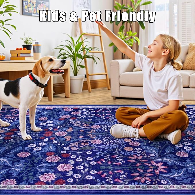PLHXFR Area Rug 9x12 Living Room: Floral Washable Boho Soft Carpet Blue | - Image 7