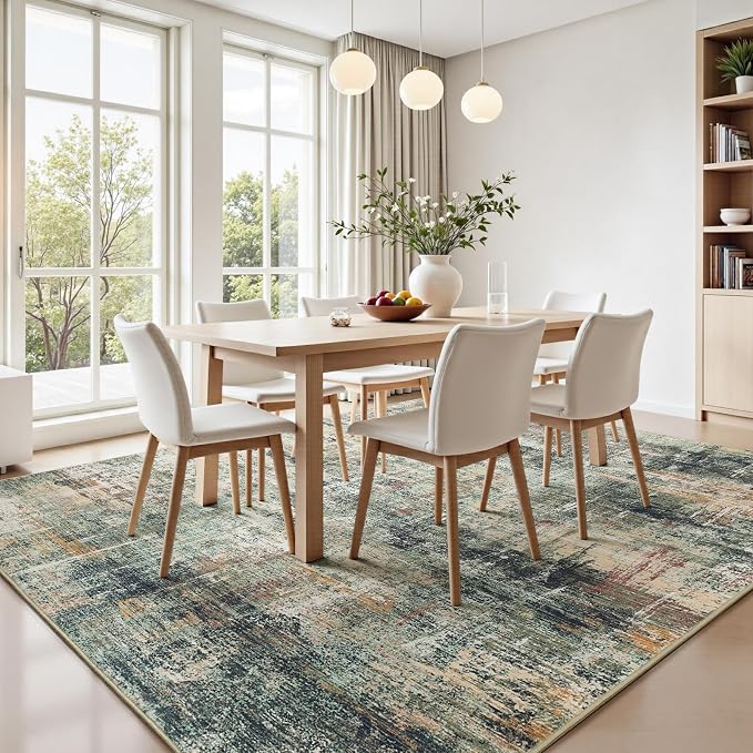 5x7 Area Rug for Living Room, Abstract Washable Non-Slip Rugs, Coffee/Green | - Image 3