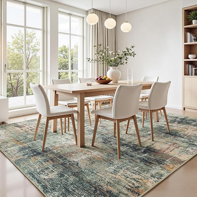 8x10 Area Rug for Living Room, Abstract Washable Large Rugs, Coffee/Green | - Image 3
