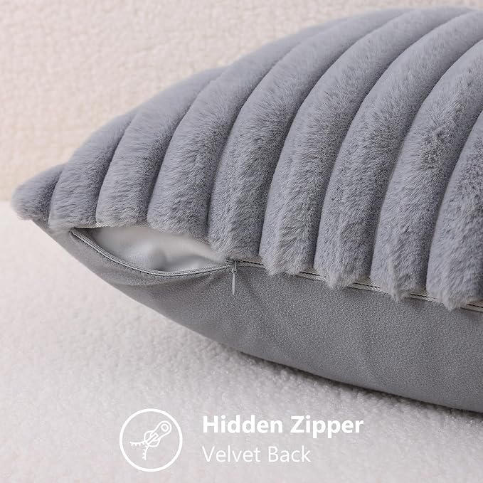 decorUhome Fall Faux Fur Throw Pillow Covers 18x18 Set of 2 Grey | Decorative - Image 3