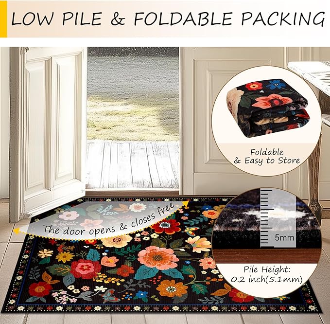 RELEANY Floral Washable Round 8ft Area Rug Black | Flower Carpet Print Boho - Image 5