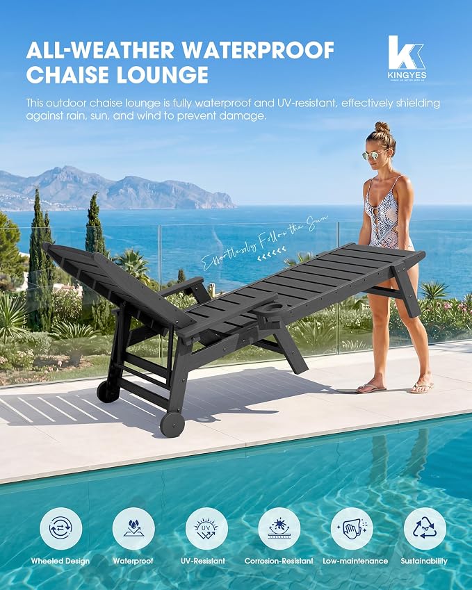 KINGYES HDPE Lounge Chair Outdoor Set of 4, Patio Chaise Lounge Recliner - Image 7