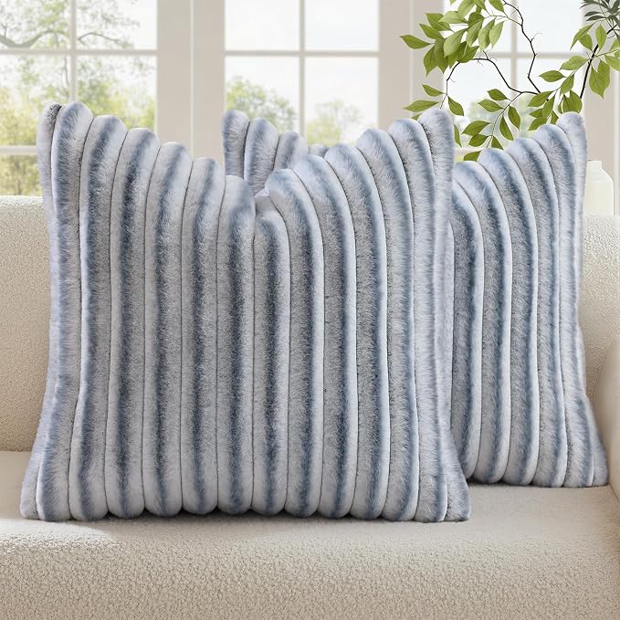 decorUhome Fall Faux Fur Throw Pillow Covers 22x22 Set of 2 Grey White | by decorUhome