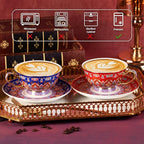 KAMMAK Tea Cups and Saucers Set of 2, Porcelain Coffee Cups with Saucer for Espresso, Cappuccino, 8oz Vintage Red and Blue Ceramic Demitasse Mug for Home, Tea Party, Office