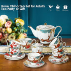 ACMLIFE Tea Cups and Saucers for 1, Bone China Teacup Set for Adults with Gold Trim and Gift Box, Deer Chinese English British Wedding Tea Set for One Coffee Cup Set 6.8 oz (Red-Deer)