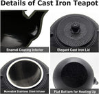 YJX 40.6 fl oz Cast Iron Teapot Set, Japanese Tetsubin Tea Set with Cast Iron Teacups, Small Tea Kettle Set with Strainer for Loose Tea, Enameled Interior (1200ml Tea Set with Cups and Saucers)