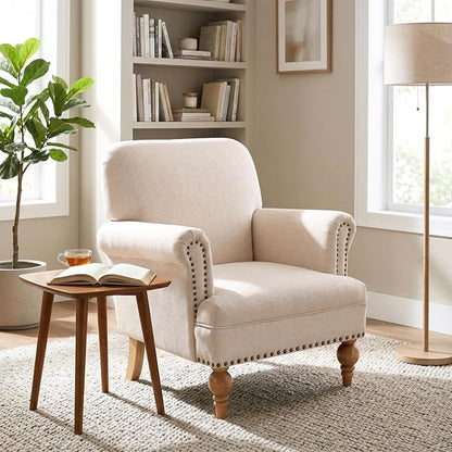 Beige Linen Fabric Accent Chairs Set of 2, Modern Farmhouse Upholstered - Image 6