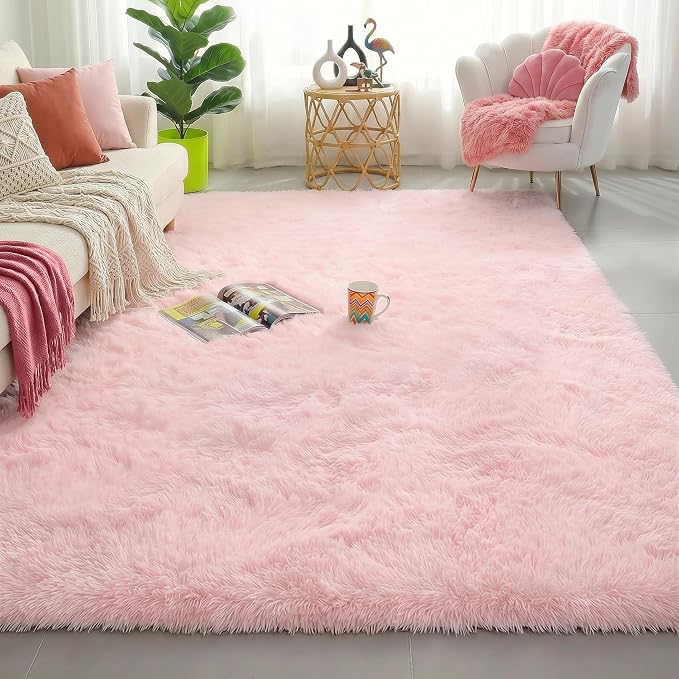 Amdrebio Pink Fuzzy Furry Kids Rug 5x8 by Amdrebio