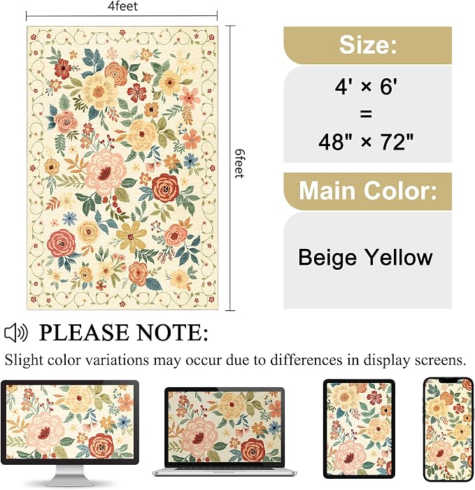 DUKINO 4x6 Area Rug, Floral Washable Office Chair Rug Non Slip Beige Yellow | - Image 2