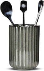 Ceramic Spoon Holder for Coffee Bar, Upright Tea Spoon Holder Cup, Coffee Stirrers Straws Stir Stick Holder, Cement Grey Fluted Surface