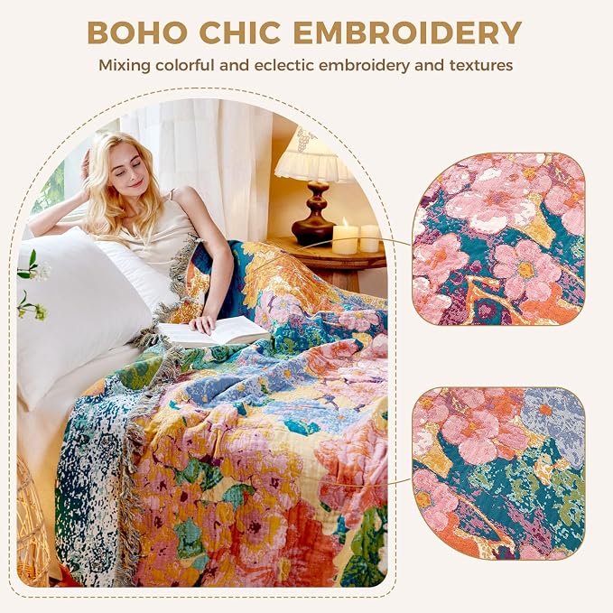 LUTBM Boho Throw Blanket for Bed Cotton Summer Blankets for Bedroom Living Room - Image 3